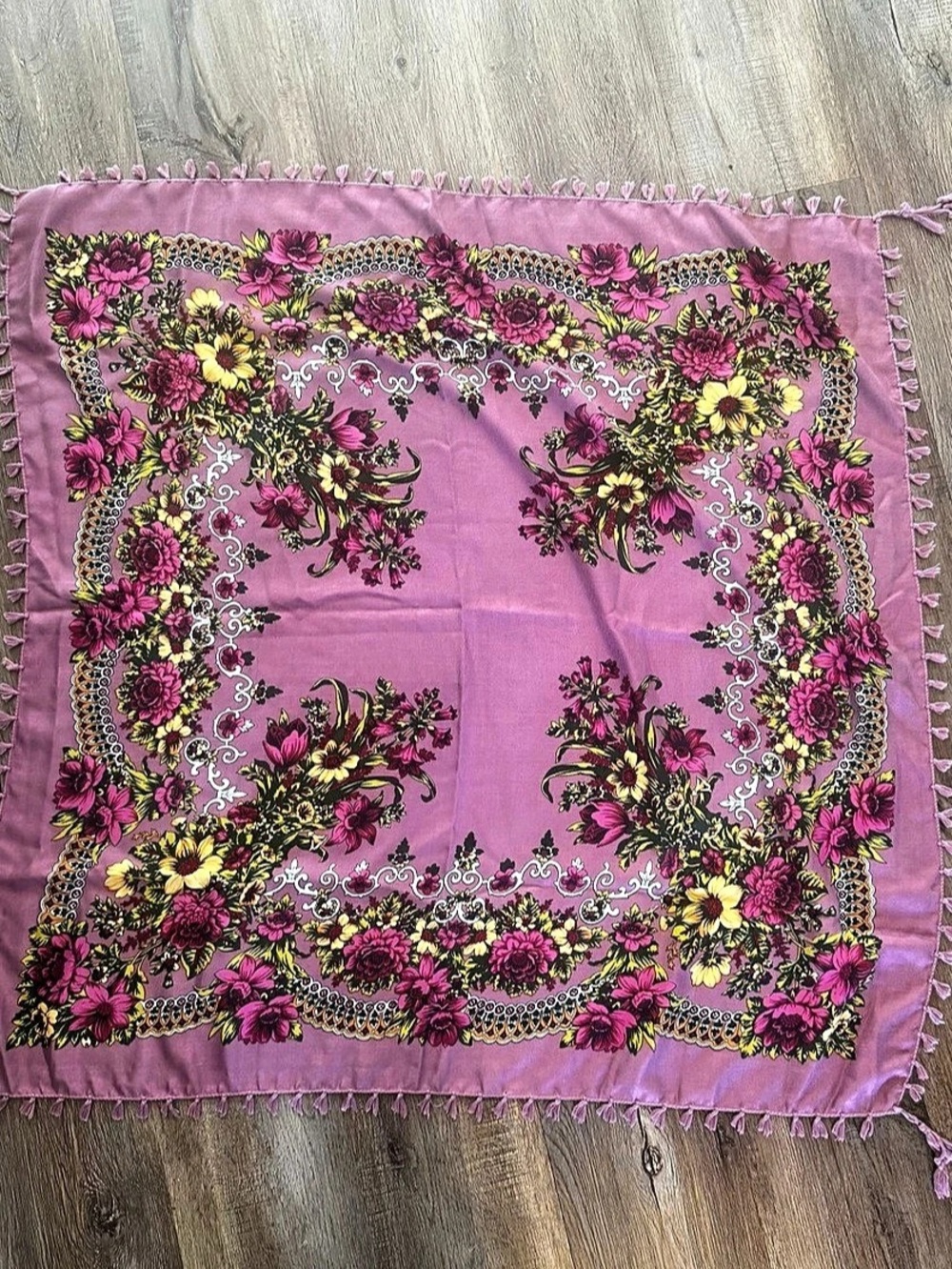Purple Floral Square Scarf Wrap with Fringe Accents for Women 35 in x 35in